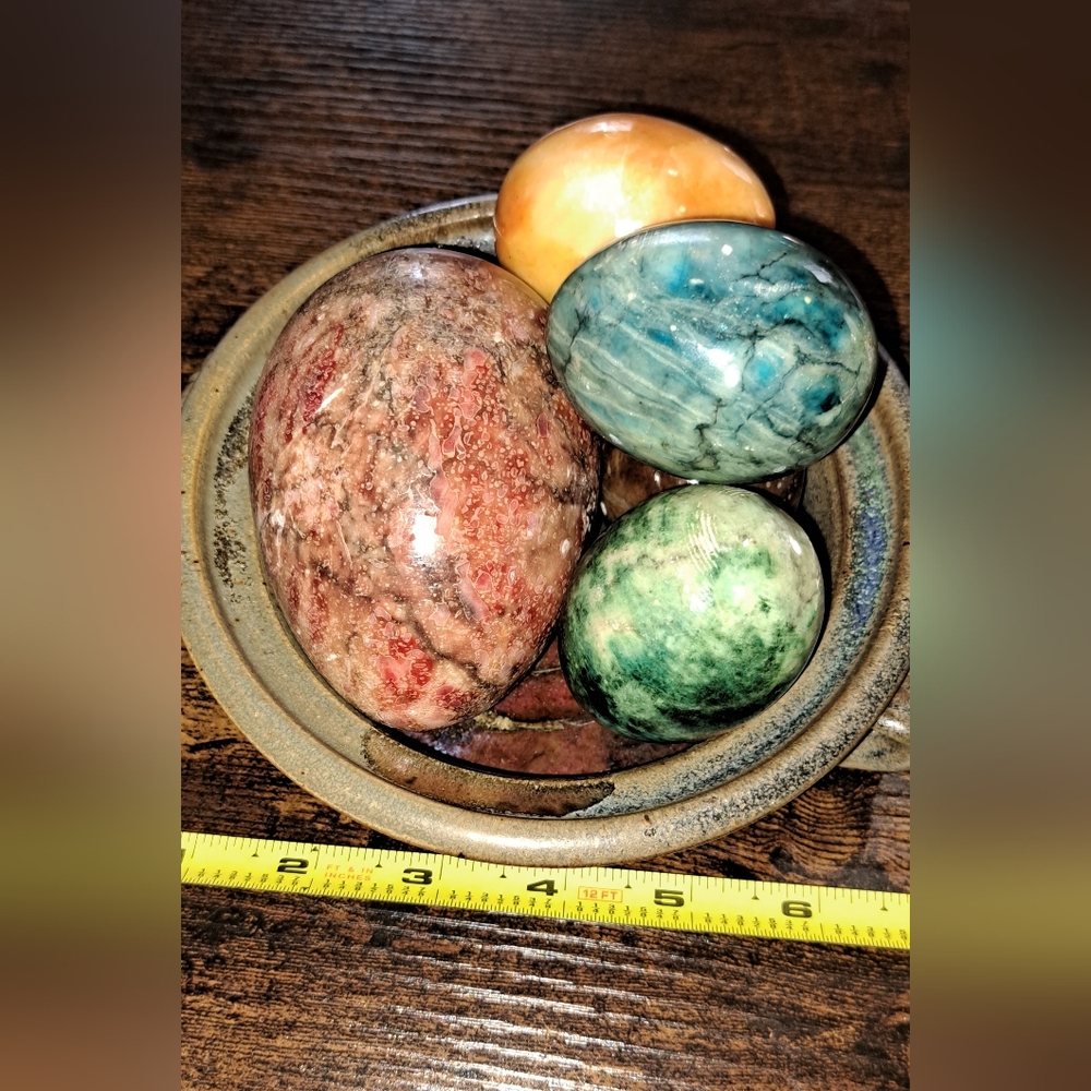 Set Of Stone Eggs With Pottery Basket Bowl Signed Bowl Marble Stone Eggs Read